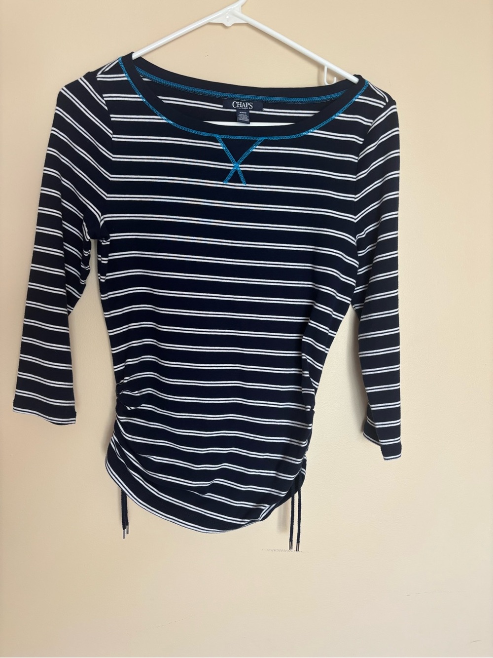 Chaps Navy & White Striped Long Sleeve Scoop Neck Top with Teal Trim